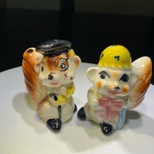 Vintage 50’s Squirrel Anthropomorphic Couple Ceramic Salt and Pepper Shaker Set